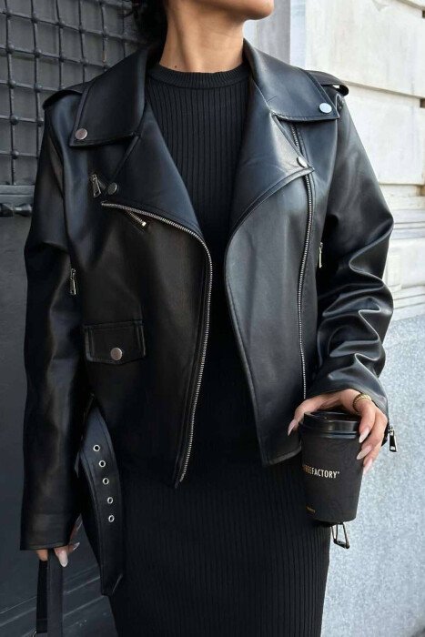 BELT ZIPPER LEATHER WOMAN JACKET BLACK/ E ZEZE - 9