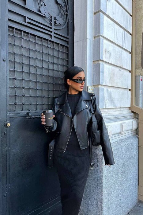 BELT ZIPPER LEATHER WOMAN JACKET BLACK/ E ZEZE - KLAUDIO FASHION