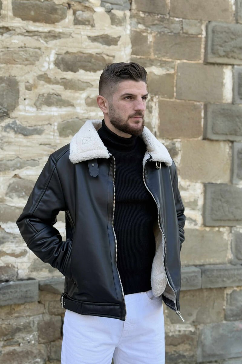 BELTED LEATHER+ PLUSH MEN JACKET WITH ZIPPERS BLACK-WHITE/ZEBA - 3