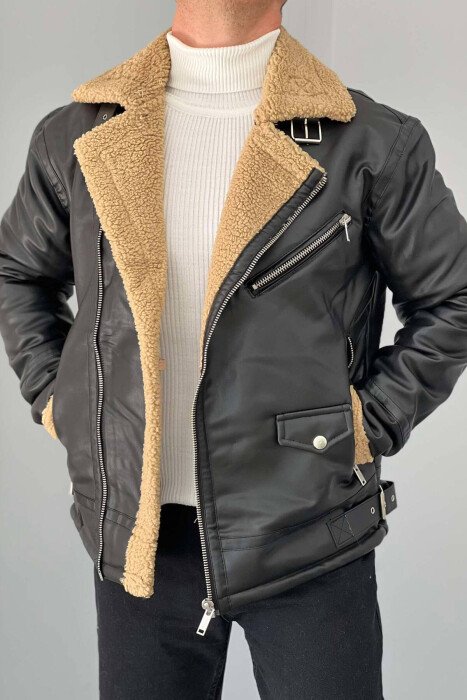 BELTED MEN JACKET WITH POCKETS BALCK+BEIGE ZEBZH - KLAUDIO FASHION