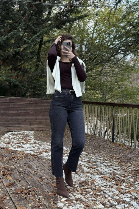 BELTED ONE COLOR SIMPLE WOMEN JEANS DARK GREY/GEE - 2