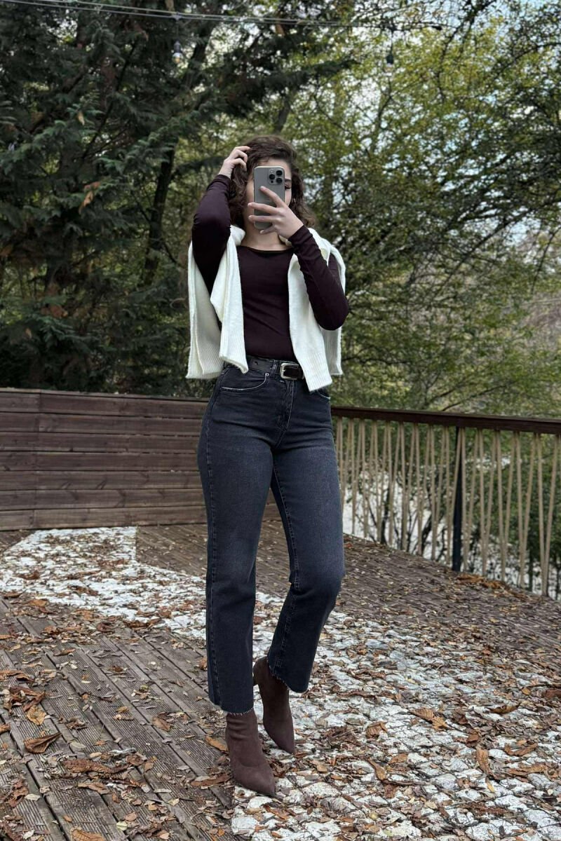 BELTED ONE COLOR SIMPLE WOMEN JEANS DARK GREY/GEE - 2