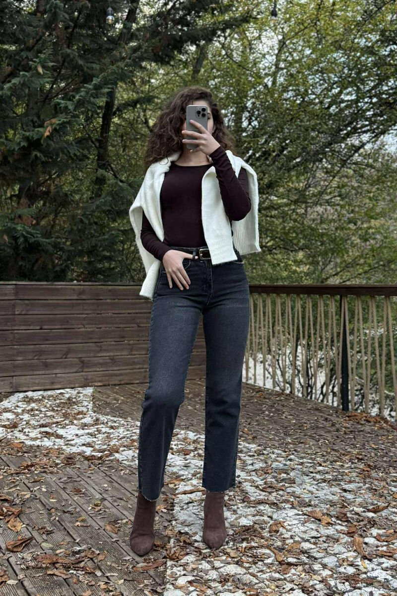 BELTED ONE COLOR SIMPLE WOMEN JEANS DARK GREY/GEE - 3