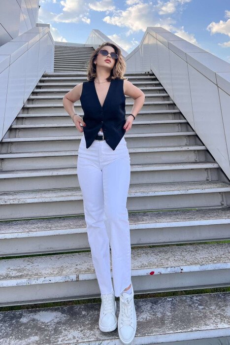 BELTED ONE COLOR SIMPLE WOMEN JEANS WHITE-E BARDHE - KLAUDIO FASHION
