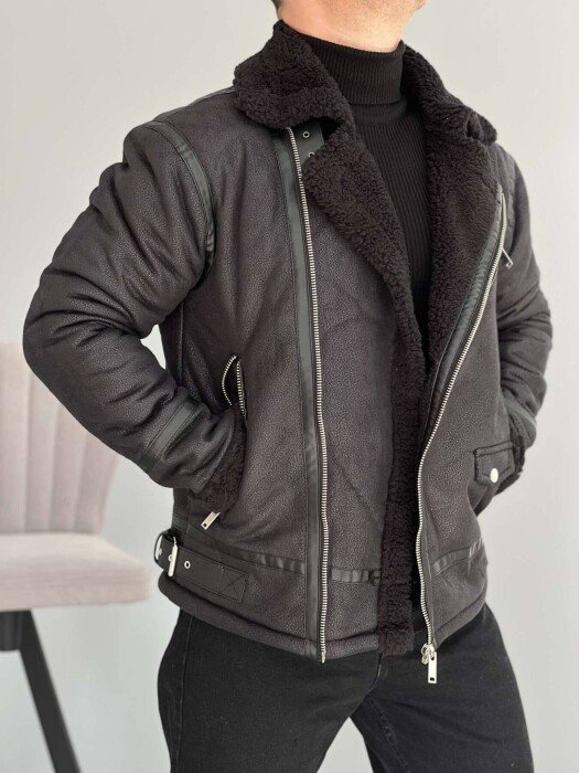 BELTED MEN JACKET WITH ZIPPERS BLACK/ E ZEZE - KLAUDIO FASHION