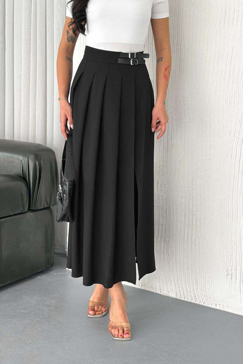 BELTS DETAIL ONE COLOR LONG WOMEN SKIRT BLACK/ E ZEZE - 2