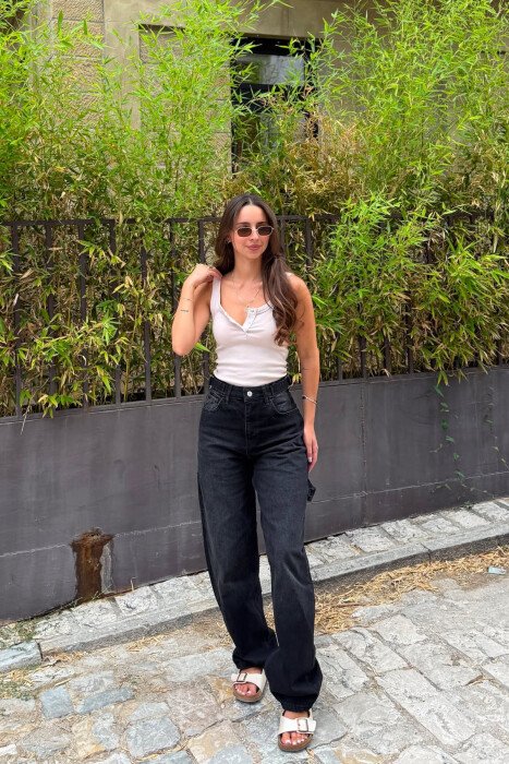 BELTS DETAIL WOMEN JEANS BLACK/ E ZEZE - KLAUDIO FASHION