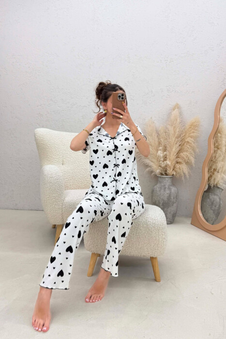 BIG HEARTS DESIGN BOW DETAIL WOMEN PYJAMAS WHITE-BLACK/BAZE - KLAUDIO FASHION