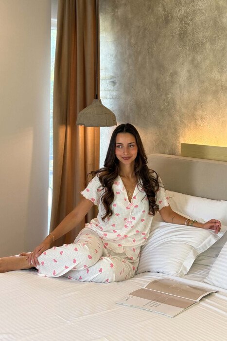 BIG HEARTS DESIGN SHIRT+TROUSERS WOMEN PYJAMAS WHITE-PINK/BARO - 1