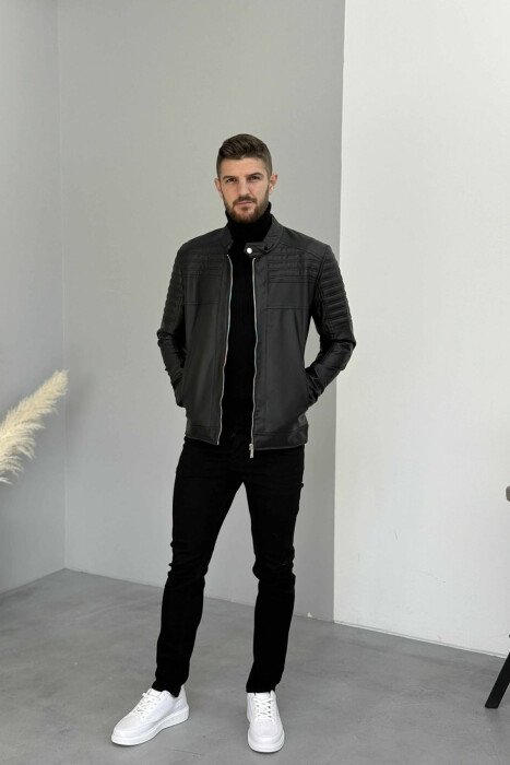 BIKER LEATHER ZIPPER ONE COLOR MEN JACKET BLACK/ E ZEZE - 2