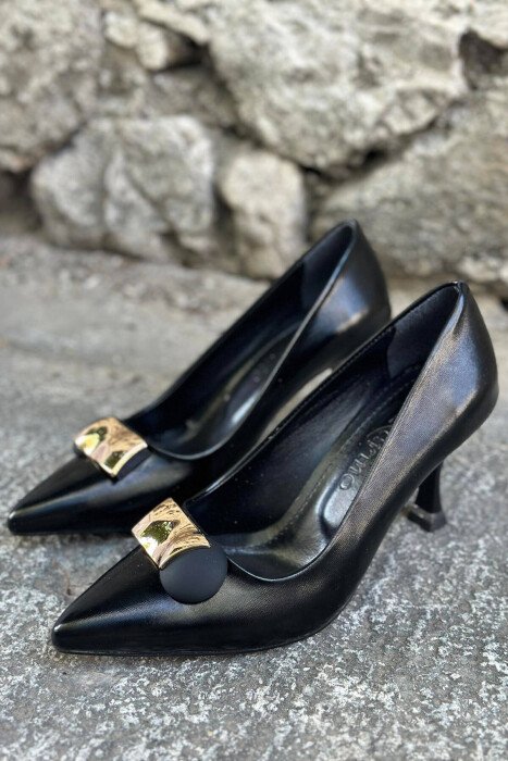 BLACK WOMAN HEELS WITH GOLD DETAILS GLOSSY BLACK-ZEZE SHKELQIM - KLAUDIO FASHION