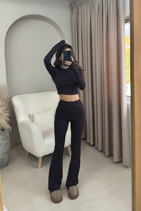 BLOUSE+TROUSERS ONE COLOR WOMEN SET DARK BROWN/KAE - KLAUDIO FASHION