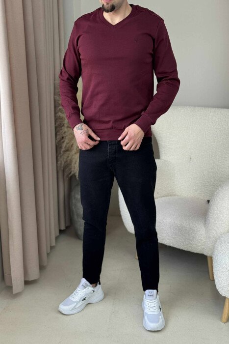 BLUZË E THJESHTË NJË NGJYRËSHE ME JAKE V PËR MESHKUJ NË NGJYRËN VISHNJË - 1
