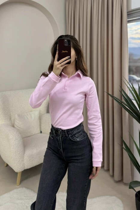 BLUZE ME JAKE POLO DHE BUTONA PER FEMRA NE NGJYRE ROZE - 1