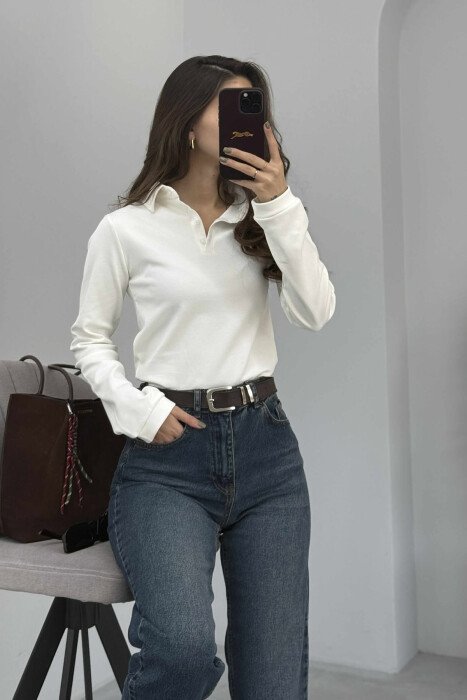 BLUZE ME JAKE POLO DHE BUTONA PER FEMRA NE NGJYRE TE BARDHE - 3