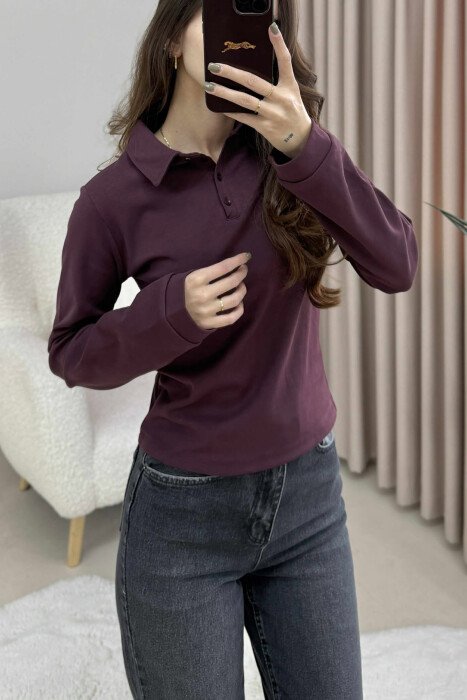 BLUZE ME JAKE POLO DHE BUTONA PER FEMRA NE NGJYRE VISHNJE TE ERRET - 2