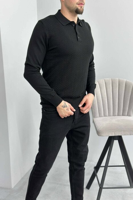 BLUZË ME JAKË POLO DHE KOPSA PËR MESHKUJ NË NGJYRË TË ZEZË - 4