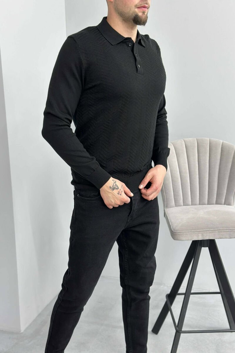 BLUZË ME JAKË POLO DHE KOPSA PËR MESHKUJ NË NGJYRË TË ZEZË - 4