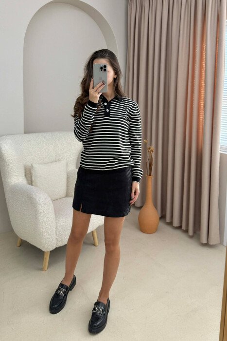 BLUZË ME JAKË POLO DHE VIJA PËR FEMRA NË NGJYRË TË ZEZË ME TË BARDHË - 2