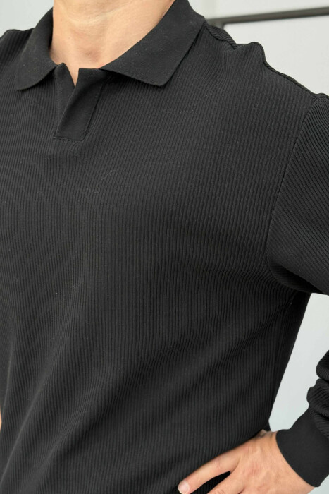 BLUZË ME JAKË POLO ME TEKSTURË PËR MESHKUJ NË NGJYRËN E ZEZË - 3