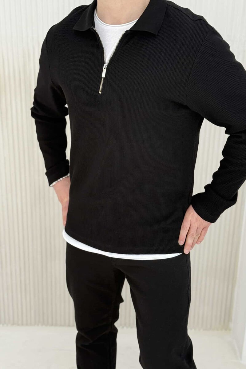 BLUZË ME JAKË POLO ME TEKSTURË PËR MESHKUJ NË NGJYRËN E ZEZË - 3