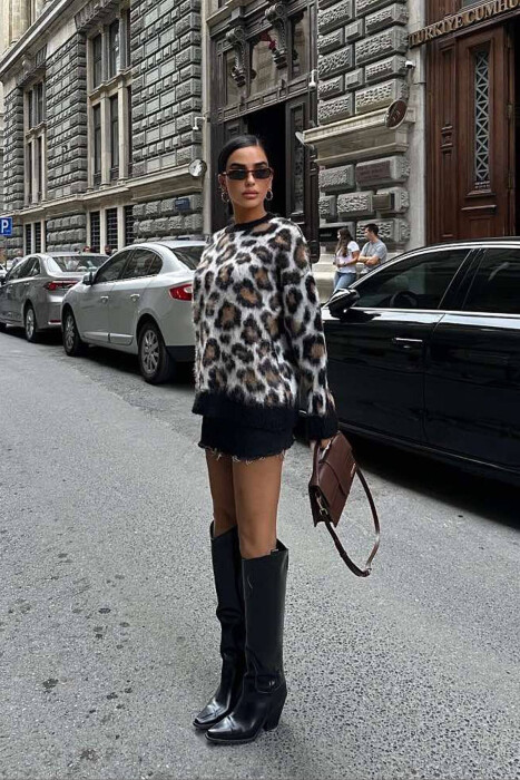 LEO DESIGN ROUND NECK WOMAN SWEATER LEO/LEOPARD - 6