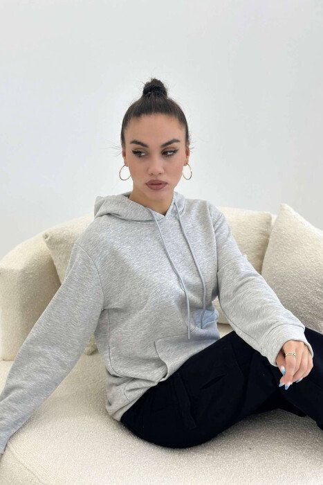 BLUZË ME KAPUC UNISEX NJË NGJYRËSHE NË NGJYRË GRI E ZBARDHUR - 6