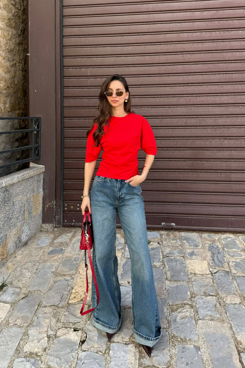BLUZE ME MENGE TE SHKURTA PER FEMRA NE NGJYRE TE KUQE - 3