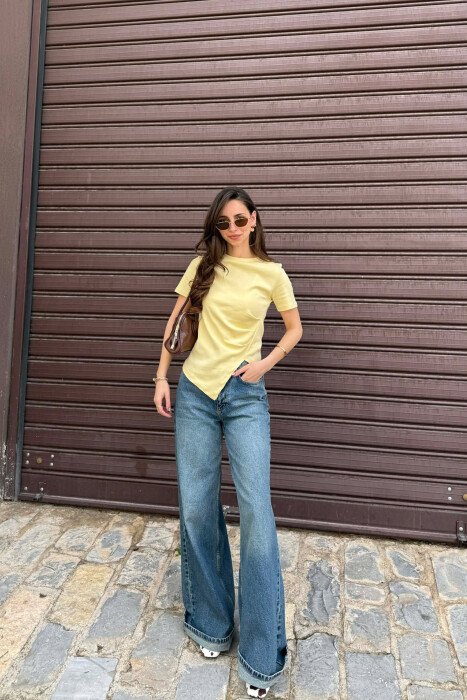 BLUZE ME MENGE TE SHKURTA PER FEMRA NE NGJYRE TE VERDHE - 3