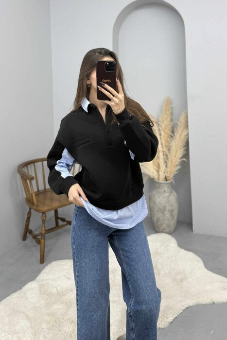 BLUZË ME PUSH DHE JAKË POLO ME BUTONA PËR FEMRA NË NGJYRË TË ZEZË - 5