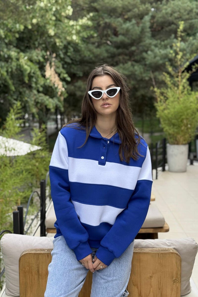 BLUZË ME PUSH JAKË POLO BUTONA DHE DIZANJE VIJASH PËR FEMRA NË NGJYRËN BLU - 1