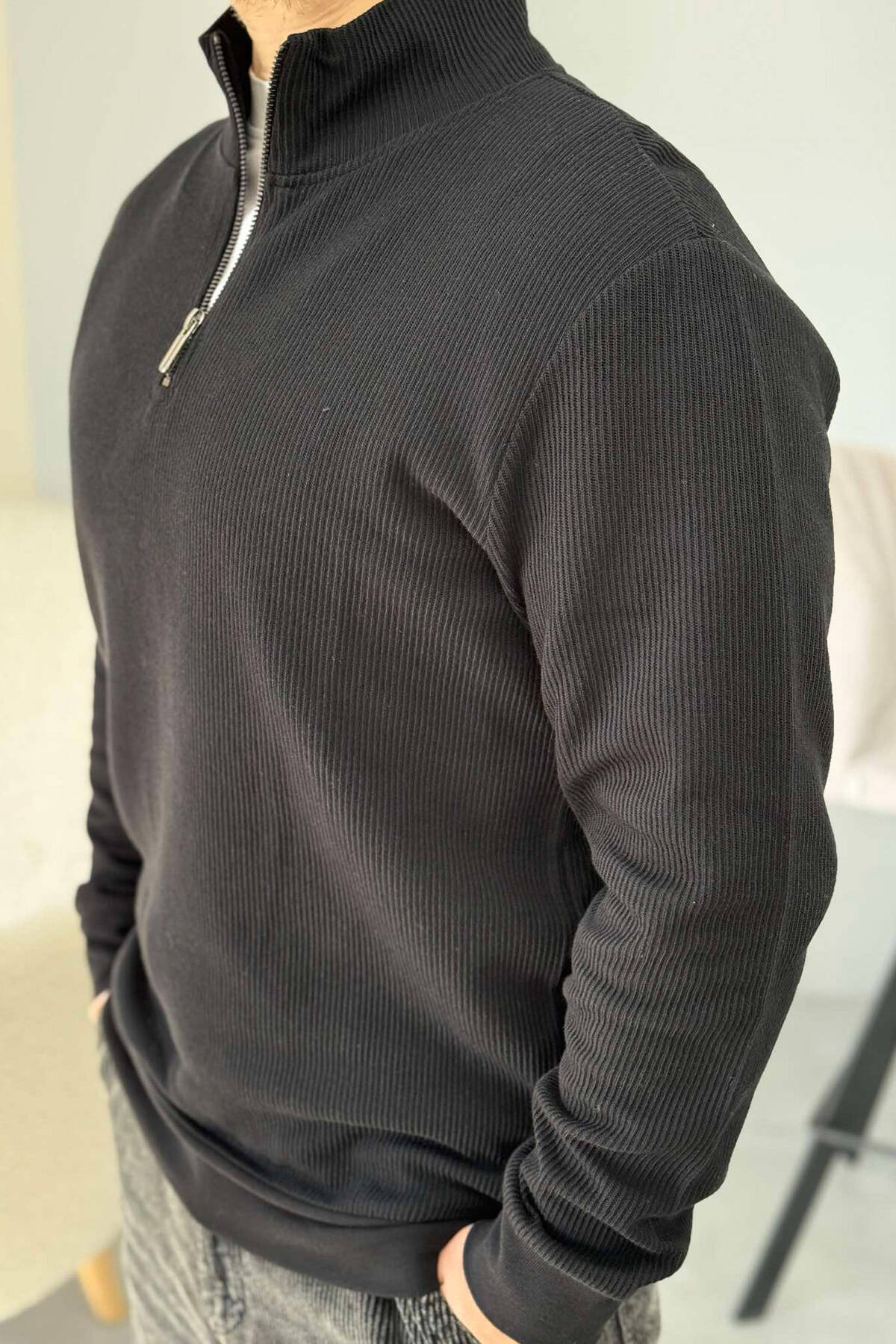 ZIPPER NECK ONE COLOR MEN SWEATSHIRT BLACK/ E ZEZE SWEATSHIRT