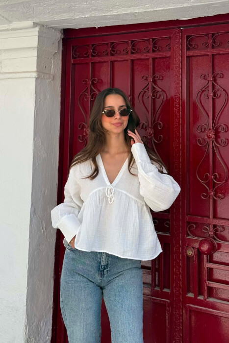BLUZË NJË NGJYRËSHE LINO PËR FEMRA NË NGJYRËN E BARDHË - KLAUDIO FASHION
