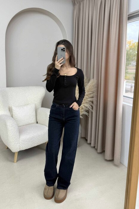BLUZË NJË NGJYRËSHE ME BUTONA PËR FEMRA NË NGJYRË TË ZEZË - 3
