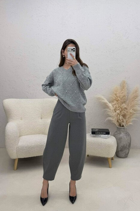 BLUZE NJE NGJYRESHE ME DIZAJNE ROMBI DHE DETAJE GURESH PER FEMRA NE NGJYRE GRI - 2