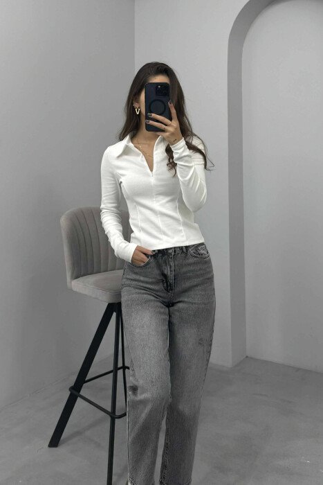 BLUZË NJË NGJYRËSHE ME JAKË POLO PËR FEMRA NË NGJYRË TË BARDHË - KLAUDIO FASHION