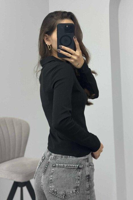 BLUZË NJË NGJYRËSHE ME JAKË POLO PËR FEMRA NË NGJYRË TË ZEZË - 3