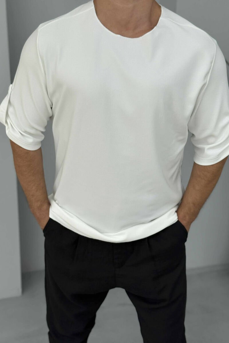 BLUZË NJË NGJYRËSHE ME JAKË TË RRUMBULLAKËT PËR MESHKUJ NË NGJYRËN E BARDHË - 3