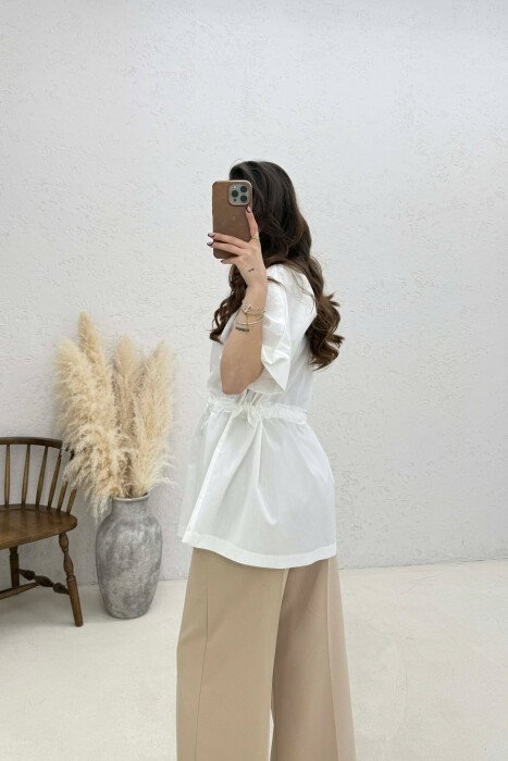 BLUZE NJE NGJYRESHE ME NENGE TE SHKURTRA ME LIDHESE NE BEL PER FEMRA NE NGJYRE KREM - 4