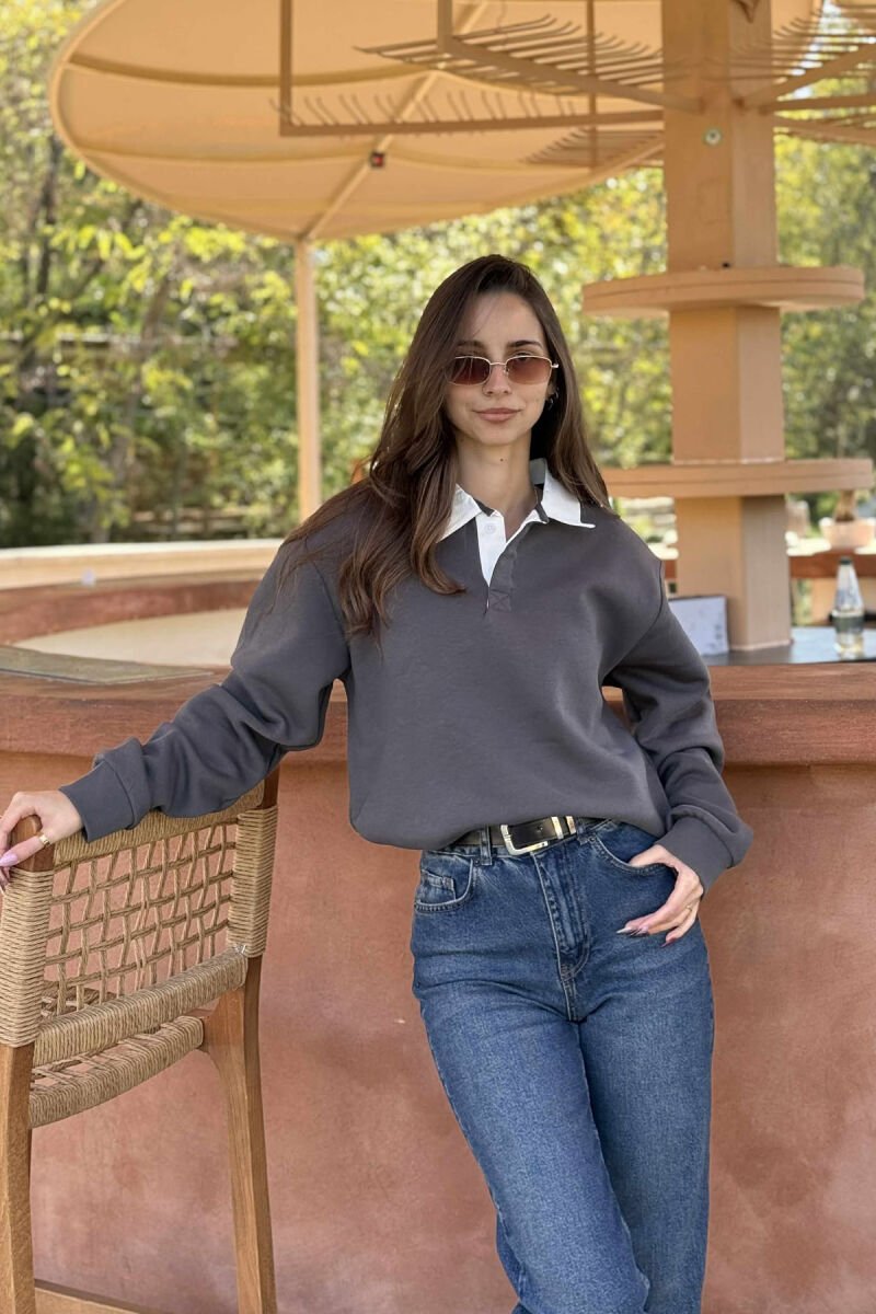 BLUZË NJË NGJYRËSHE ME PUSH DHE JAKË POLO PËR FEMRA NË NGJYRË GRI TE ERRET - 5