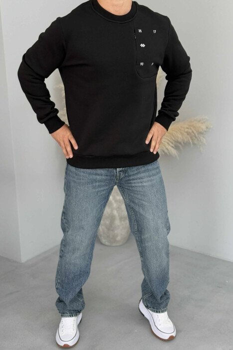 BLUZË NJË NGJYRËSHE ME PUSH DHE JAKË TË RRUMBULLAKËT PËR MESHKUJ NË NGJYRË TË ZEZË - 2
