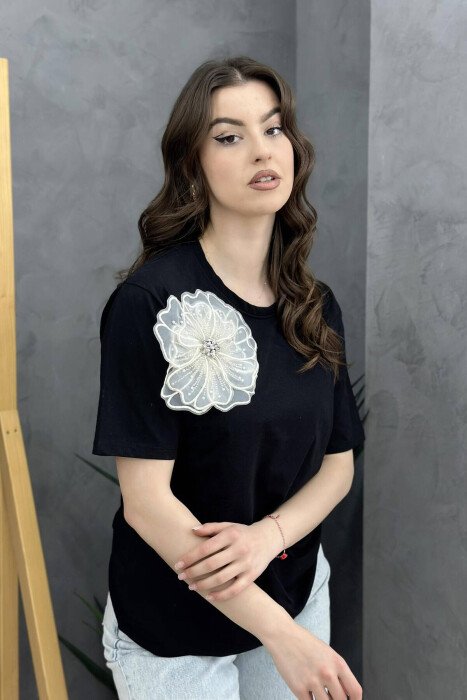 BLUZË PAMBUKU ME DETAJIN E LULES PËR FEMRA NË NGJYRËN E ZEZË - 3