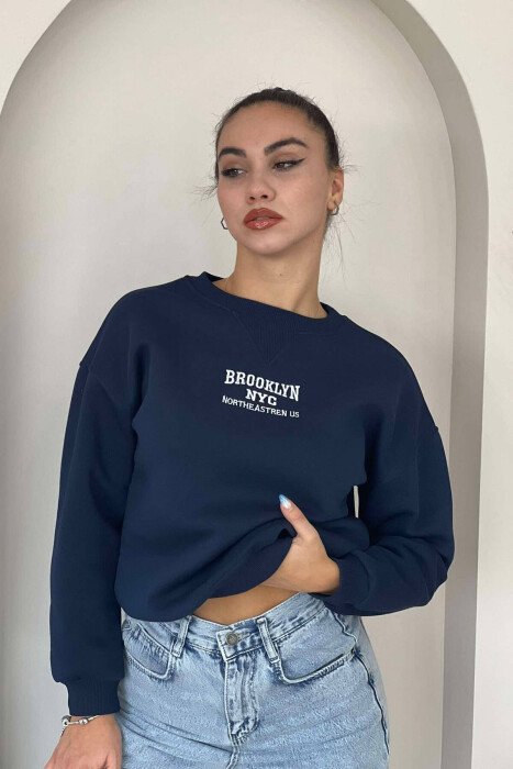 FLUFFY WRITTINGS COTTON WOMAN SWEATSHIRT DARK BLUE/BEE 