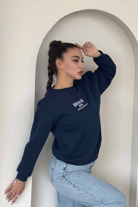 FLUFFY WRITTINGS COTTON WOMAN SWEATSHIRT DARK BLUE/BEE - 2