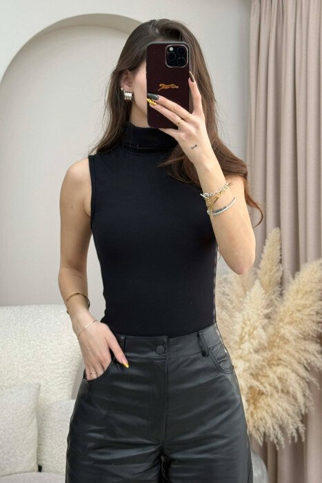 BODY NJË NGJYRËSHE PA MËNGË ME JAKË GOLF PËR FEMRA NË NGJYRË TË ZEZË - 4