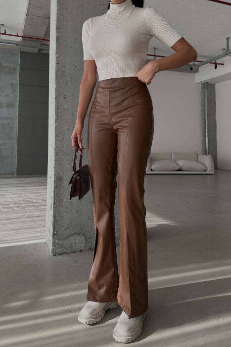 BOOT CUT LEATHER WOMEN TROUSERS BROWN/KAFE - 1