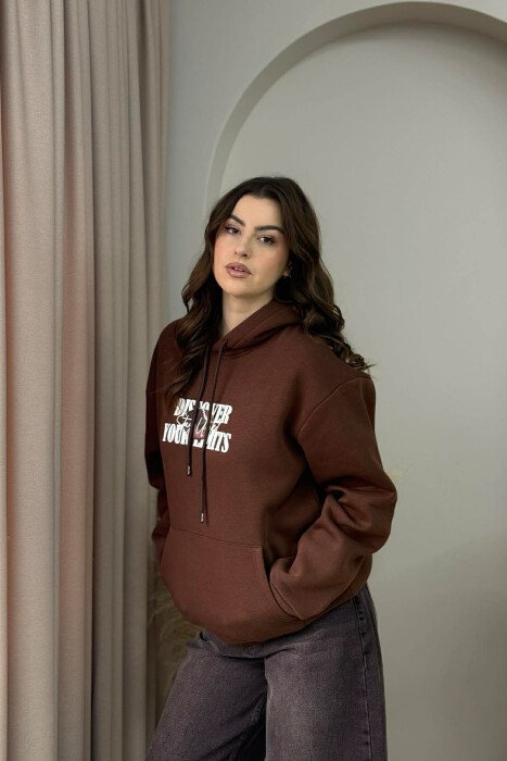 BOTH SIDE DESIGN FLUFFY WOMEN HOODIE BROWN/KAFE - 1