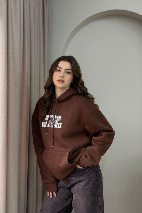 BOTH SIDE DESIGN FLUFFY WOMEN HOODIE BROWN/KAFE - 2