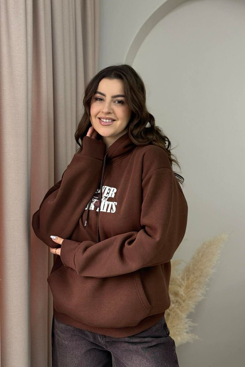 BOTH SIDE DESIGN FLUFFY WOMEN HOODIE BROWN/KAFE - 3