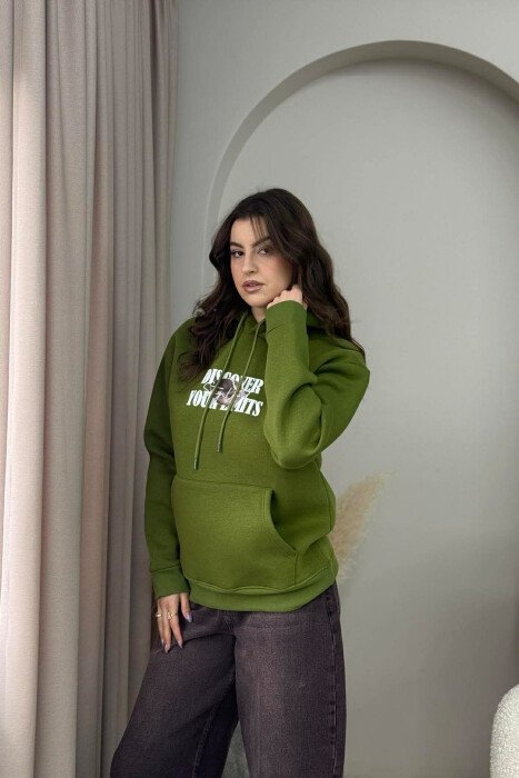 BOTH SIDE DESIGN FLUFFY WOMEN HOODIE OLIVE/ULLI 